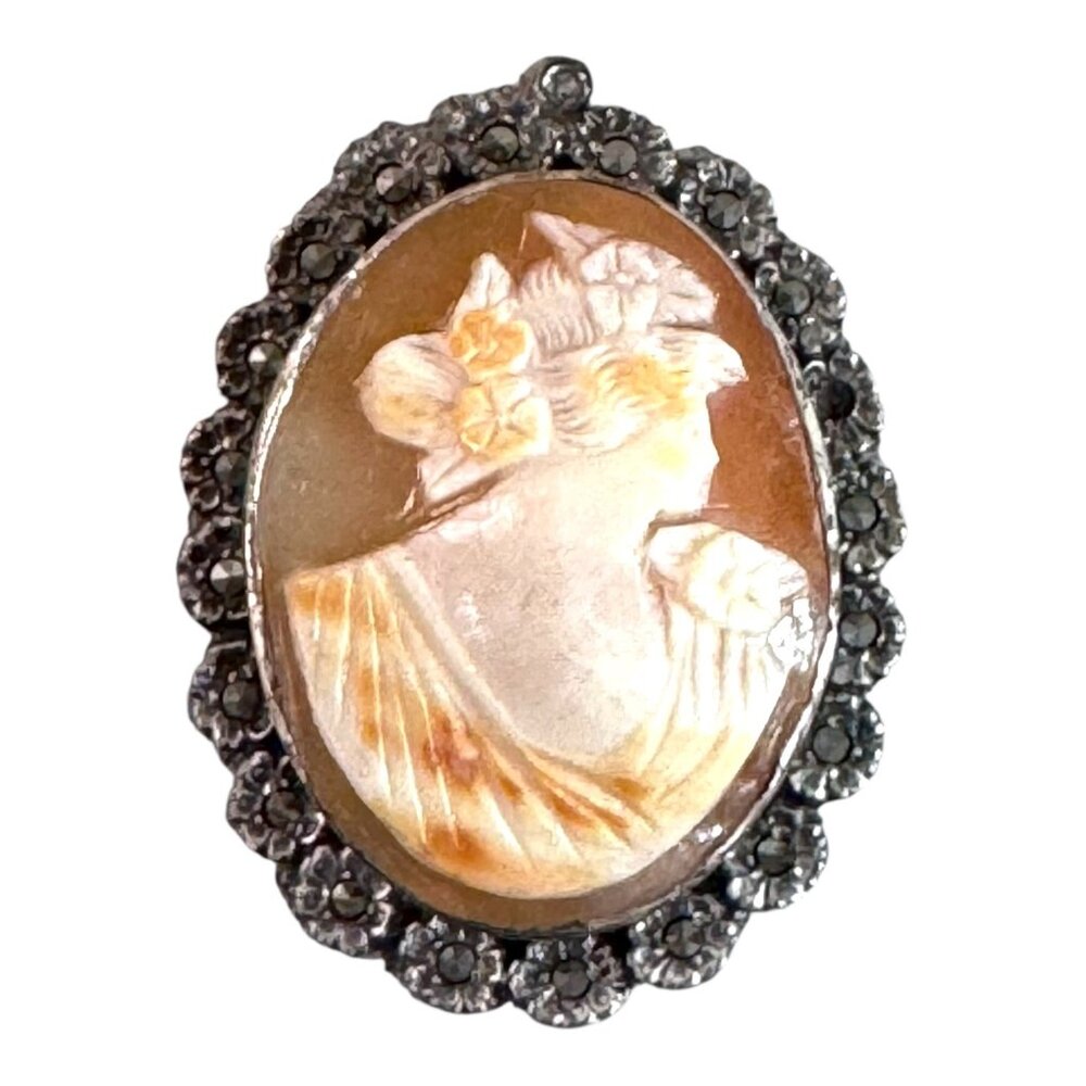 Vintage Hand-Carved Shell Cameo Pendant Floral Edging Brooch Marcasite Frame